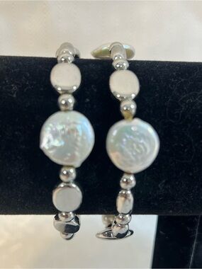Bracelets Two Stretch Silver Tone Beads & Discs  Faux Pearls Jewelry
